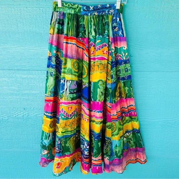 100% SILK PATCHWORK TIERED MAXI SKIRT ELASTIC WAISTBAND SIZE MEDIUM - Picture 3 of 8